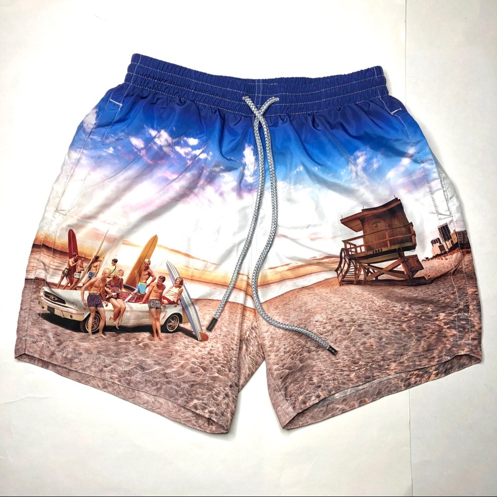 Zeybra Portofino Retro 70s Beach Print Swim Trunks